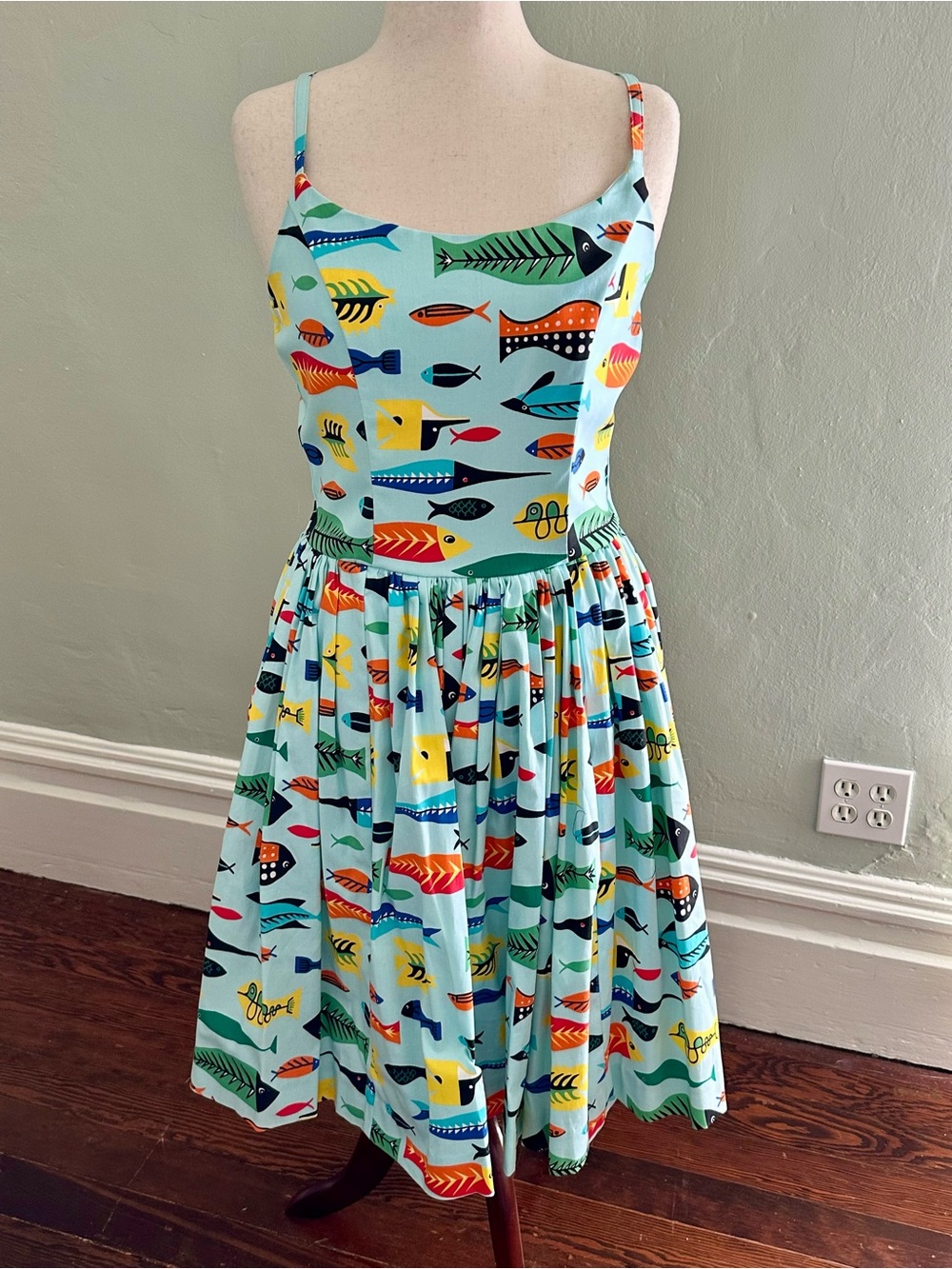 Pinup Couture with Charles Phoenix Light Blue Fish Print Midi Dress